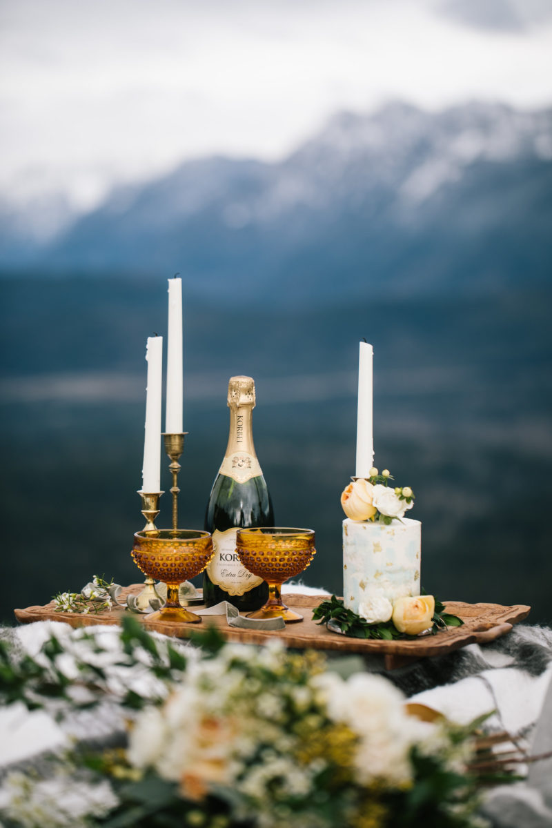 Mountain-top picnic with champagne and wedding cake