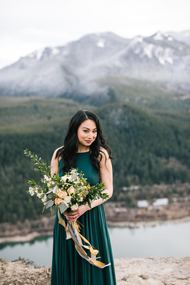 Yellow, white and green bridal bouquet on Rattlesnake Ledge