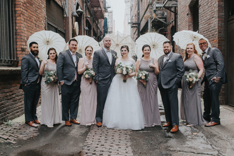 Bridal Party in Pioneer Square Bridesmaids in mismatched dresses