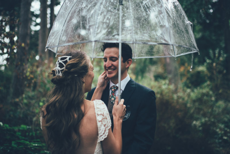 Rainy first look with clear umbrella Groom's reaction