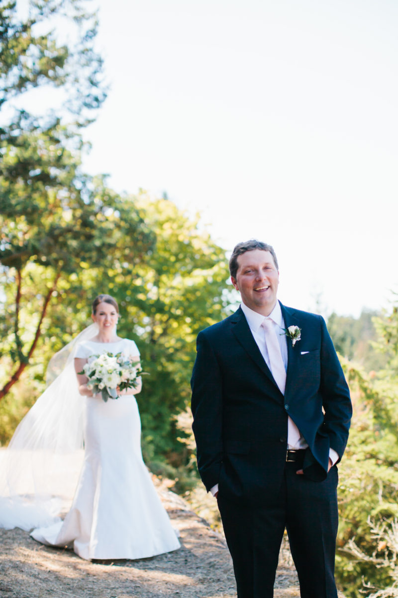 Bride and Groom's first look in Roche Harbor