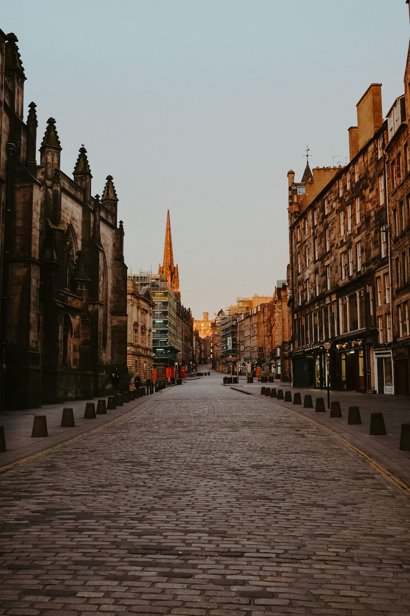 The streets of Edinburgh, Scotland at sunrise.