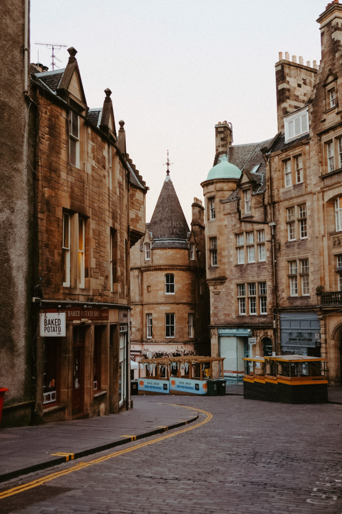 The streets of Edinburgh, Scotland at sunrise.
