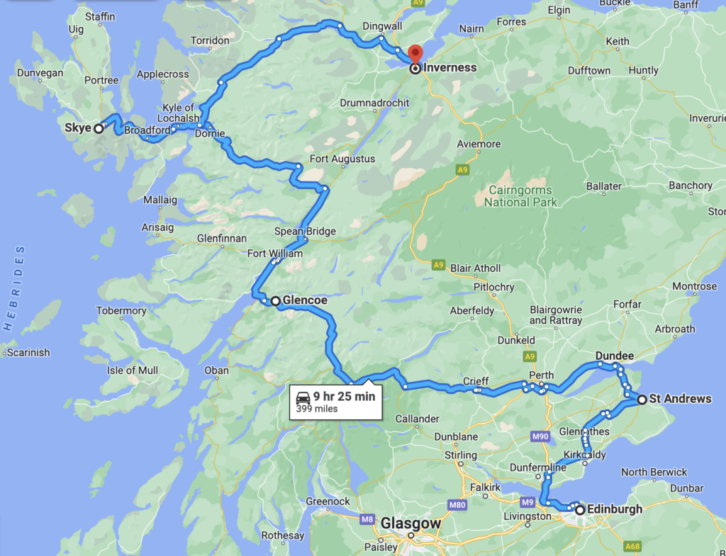 Map of Scotland Honeymoon trip from Edinburgh to St Andrews to Glencoe to Isle of Skye to Inverness.