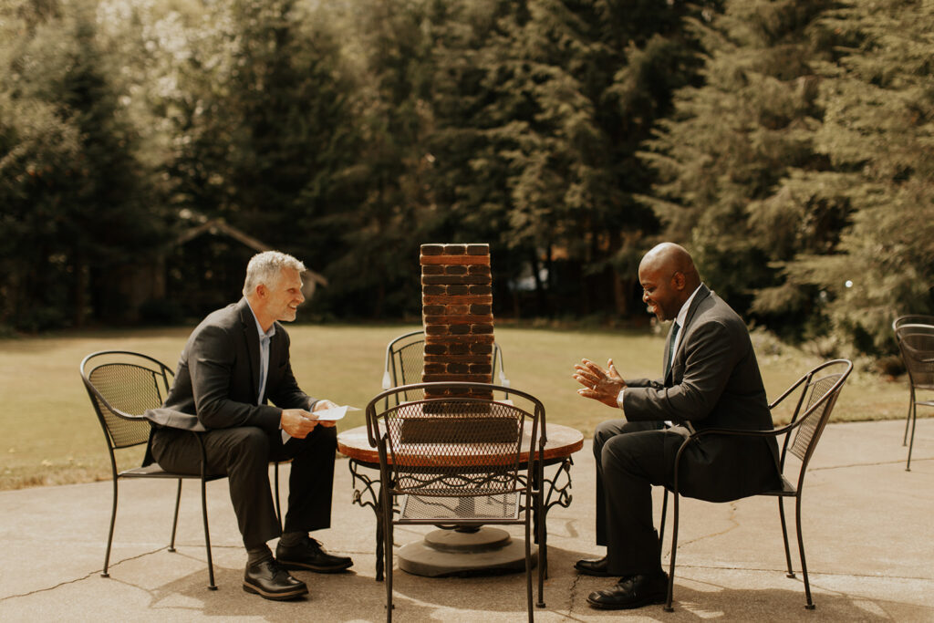 Fathers of the Brides playing Jenga before their daughters wedding ceremony!